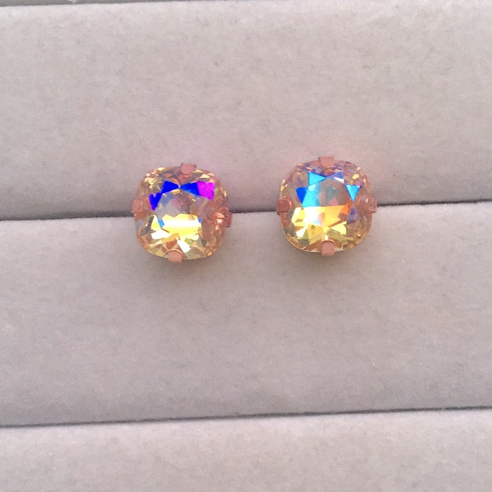 Iridescent Champagne Topaz Sparkle + Rose Gold Cushion Cut Crystal Earrings - Picture 5 of 8